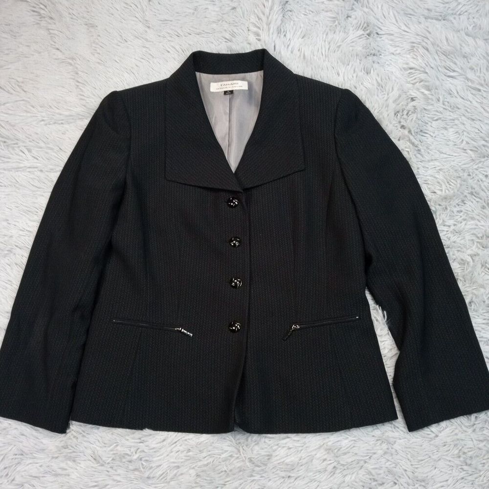Tahari Jacket Womens 12 Black Blazer Lined‎ Textured Career Preppy Button Up